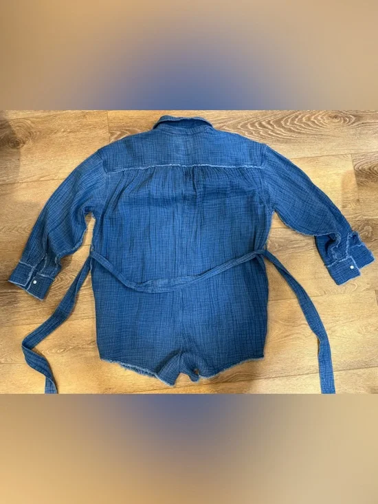 aerie Lightweight Chambray Blue Romper with Frayed Hem - Picture 3 of 13
